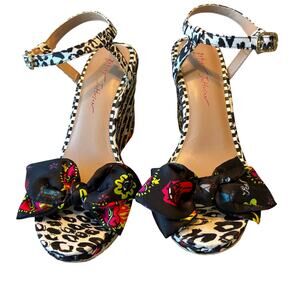 Betsey Johnson Wedge Espadrille Sandals Sz 9 Rainbow Jute w Bow Coquette Fairy